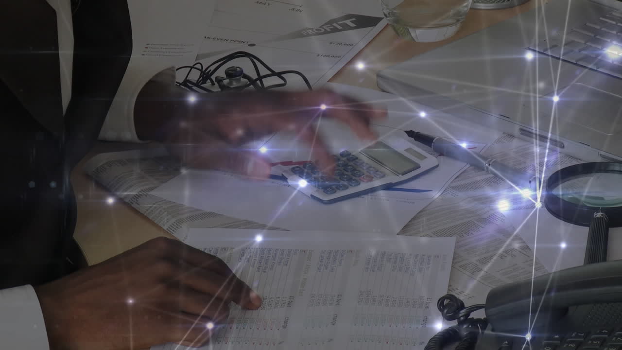 Animation of network of connections over man using calculator