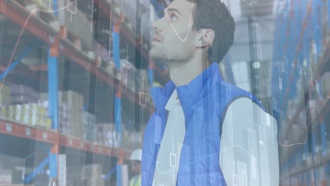 animación de estadísticas y procesamiento de datos financieros sobre el hombre que trabaja en el almacén