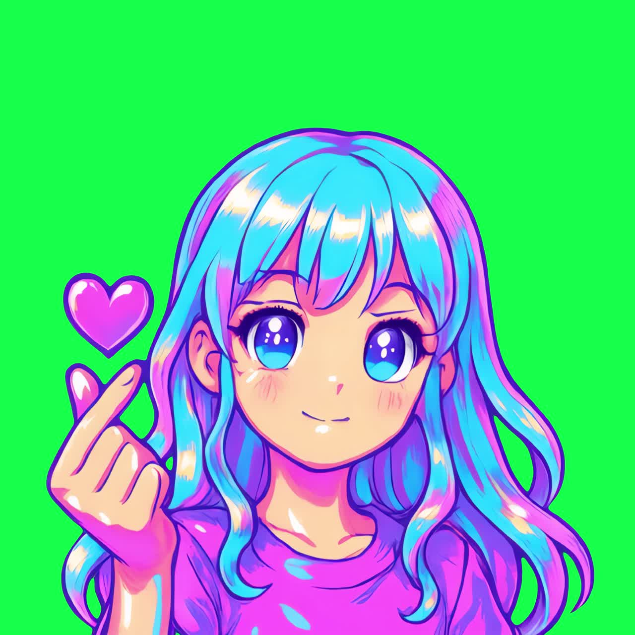 Vibrant anime girl illustration animation, transparent 4K video, green screen