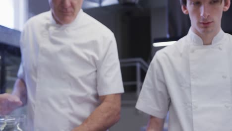 cocinero profesional caucásico vestido con ropa blanca en una cocina de un restaurante enseñando a un aprendiz masculino