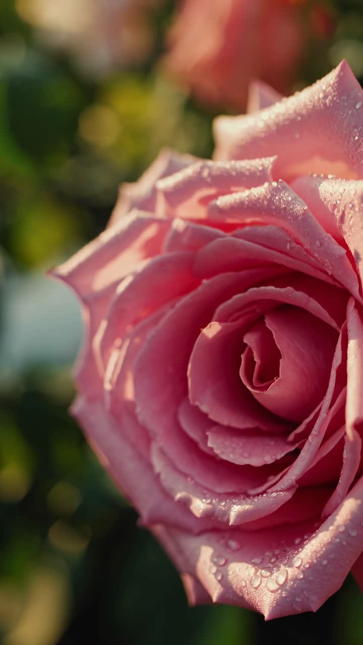 Primo piano di una rosa rosa con gocce d'acqua in un giardino soleggiato