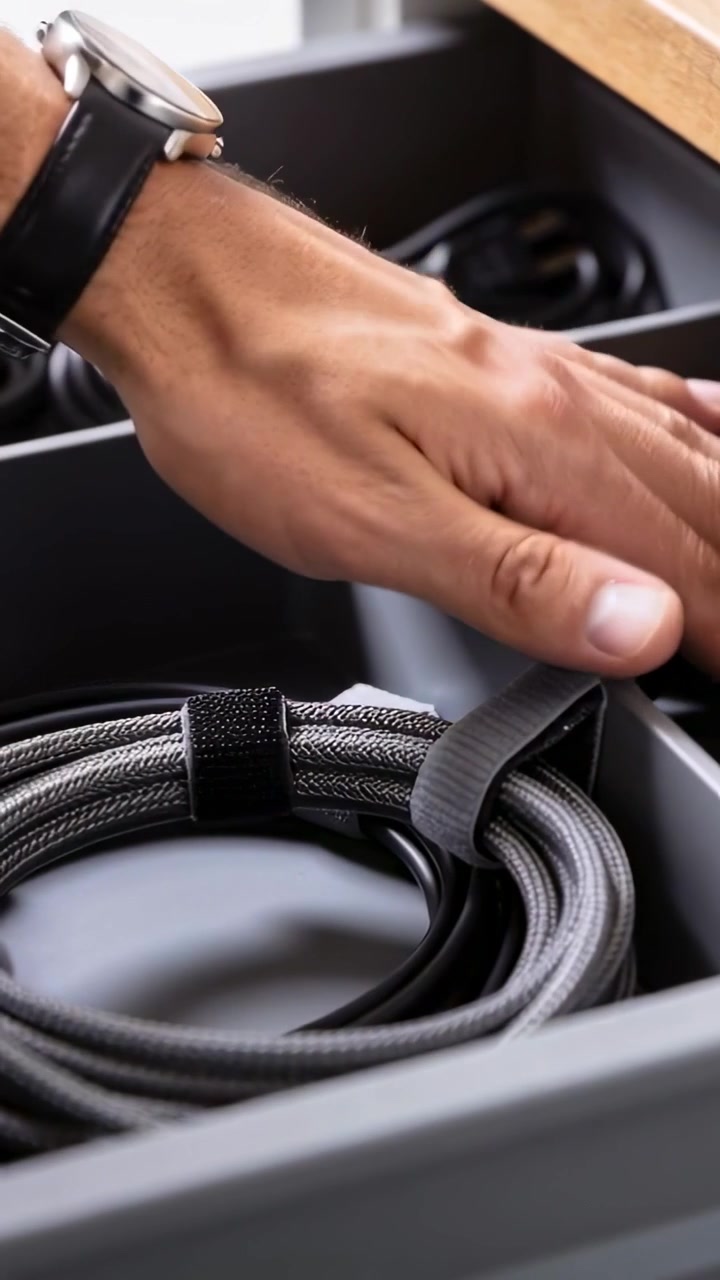 Vertical video: Right hand reaching securing gray cable with black velcro in drawer for storage