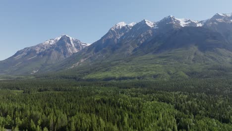 drone panning left and turning right revealing tall, snowy mountains and a vast pine forest wilderness near banff and yoho national park in canada under a blue sky