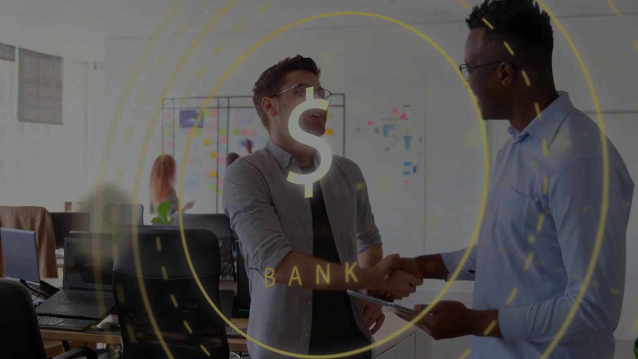 Vertical video: Two male colleagues holding tablet reviewing BANK HUD pointing and clasping at desk