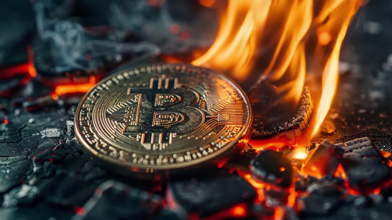 Bitcoin in fiamme, a simboleggiare la volatilità finanziaria o il crollo