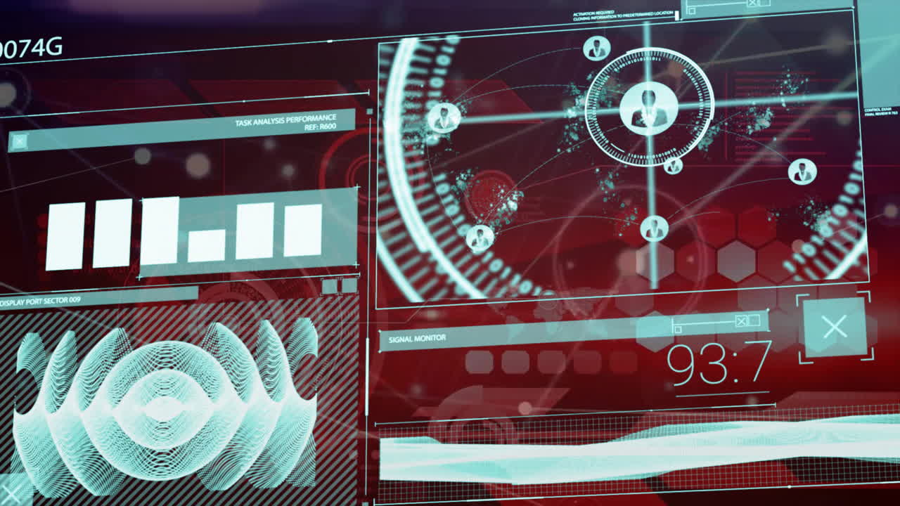 анимация сканирования объекта через сеть соединений на темном фоне