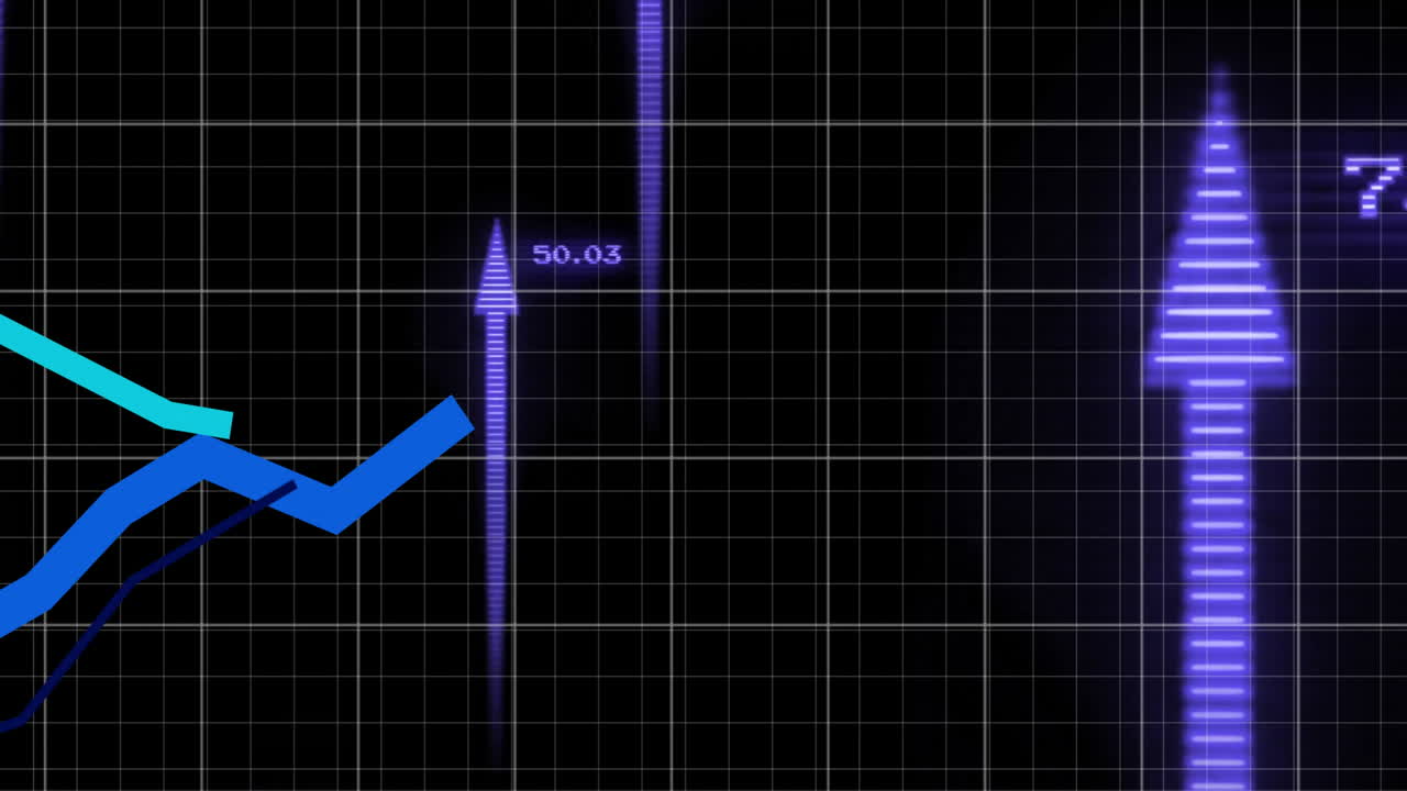 Animation showing upward arrows and data points on grid, indicating growth