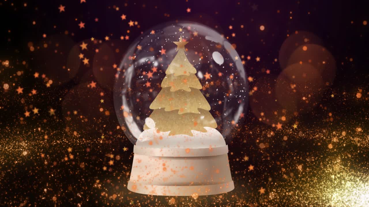 Golden star confetti drifting around globe dust swirling encircling it forming golden tree in globe