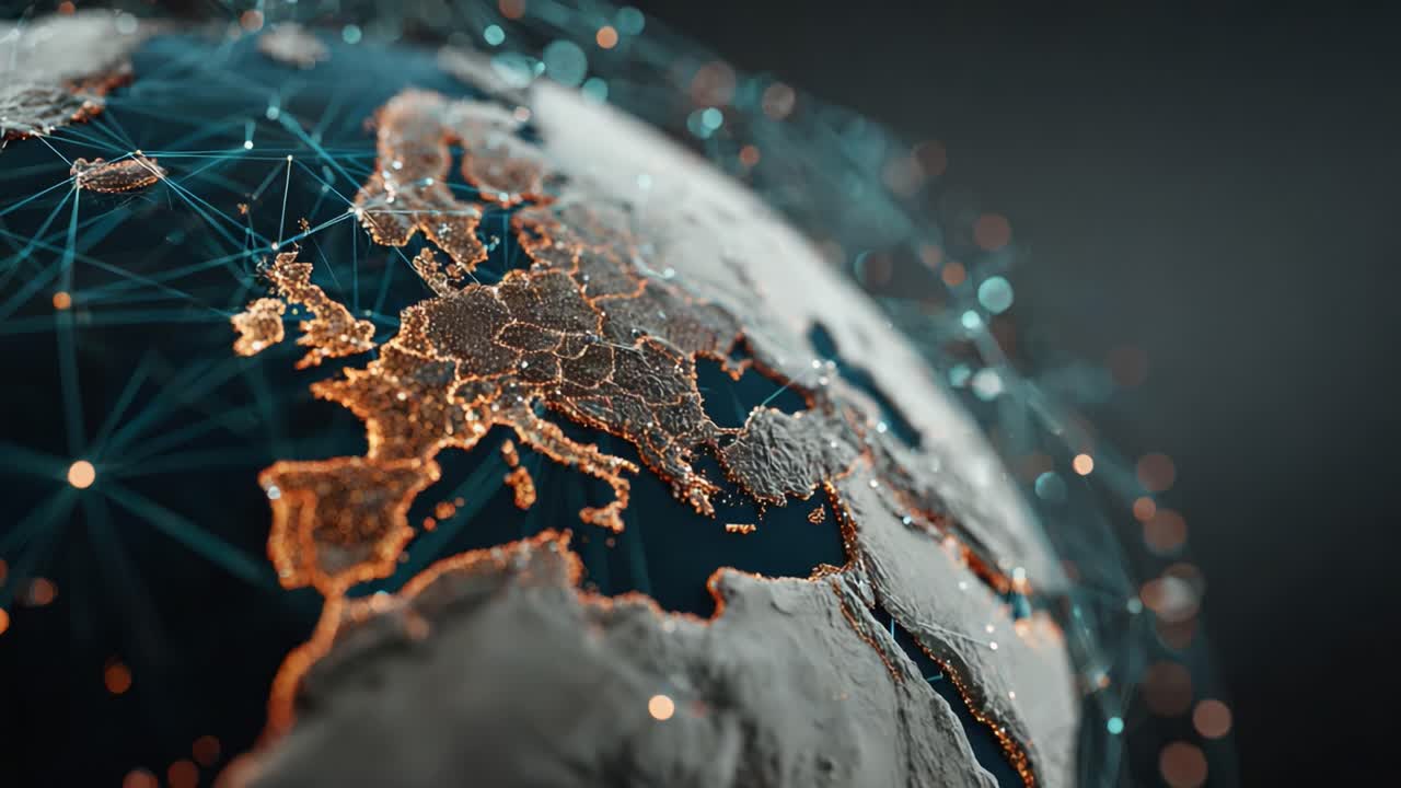Upea digitaalinen esitys Euroopasta, jossa korostuvat yhteydet ja tiedonkulku valaistujen verkkojen kautta 3d-renderöidyssä maapallossa