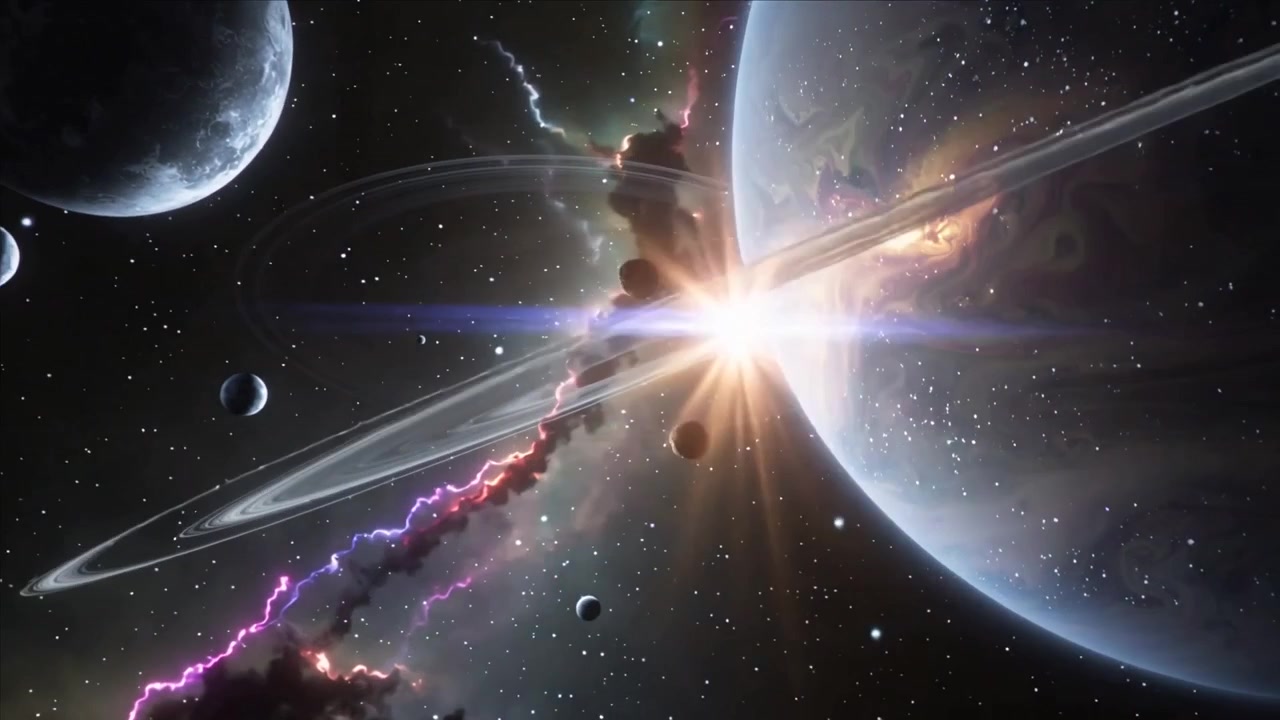 Luz estelar emergente iluminando por trás um gigante gasoso com anéis no espaço, destacando nebulosa, anéis e luas