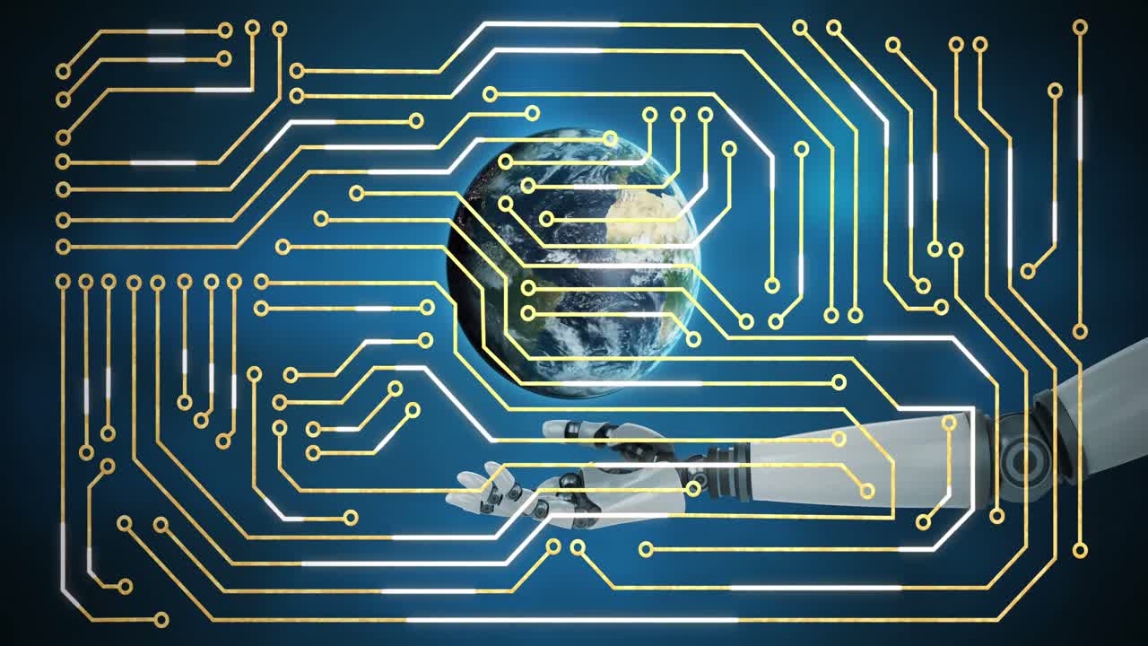 Animation of integrated circuit over globe and arm of robot