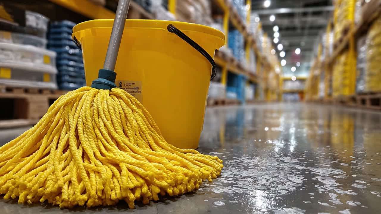 A Vibrant Yellow Mop and Bucket Positioned in a Clean Warehouse Aisle with a Polished Floor, Reflecting the Brightly Lit Shelves of Supplies