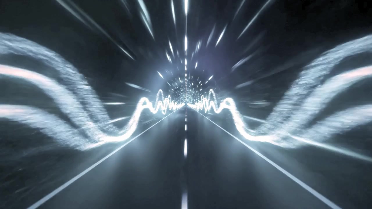 Abstrakt digital tunnel med glødende lysbølger og bevægelsessløring