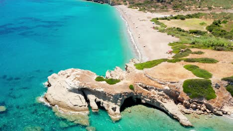 Aerial-view-of-the-Paradisaical-Limni-beach-rock-formation,-Greece