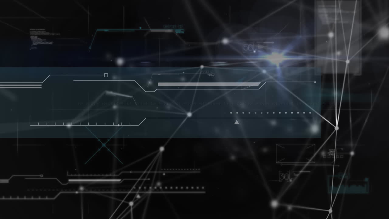 animación del procesamiento de datos a través de redes de conexiones en nubes de fondo oscuras