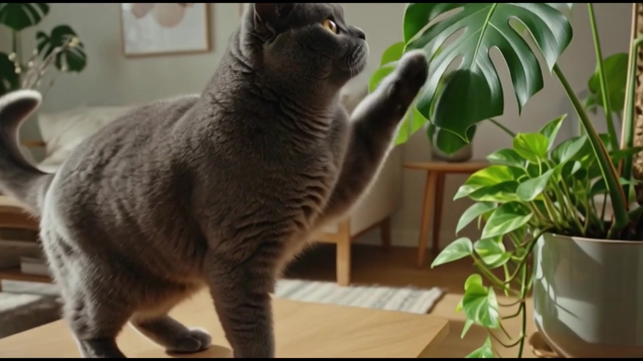 Gatto British Shorthair grigio che cammina sul tavolo e tocca una pianta d'appartamento