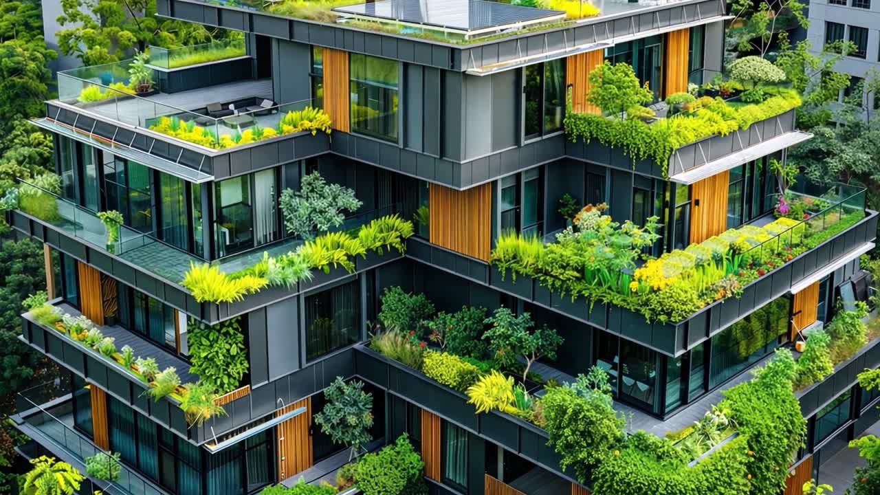 Modern Green Building with Lush Balcony and Rooftop Gardens