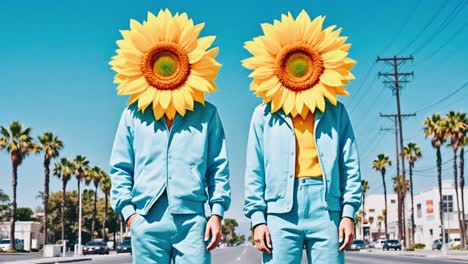 two people with sunflower heads on a city street
