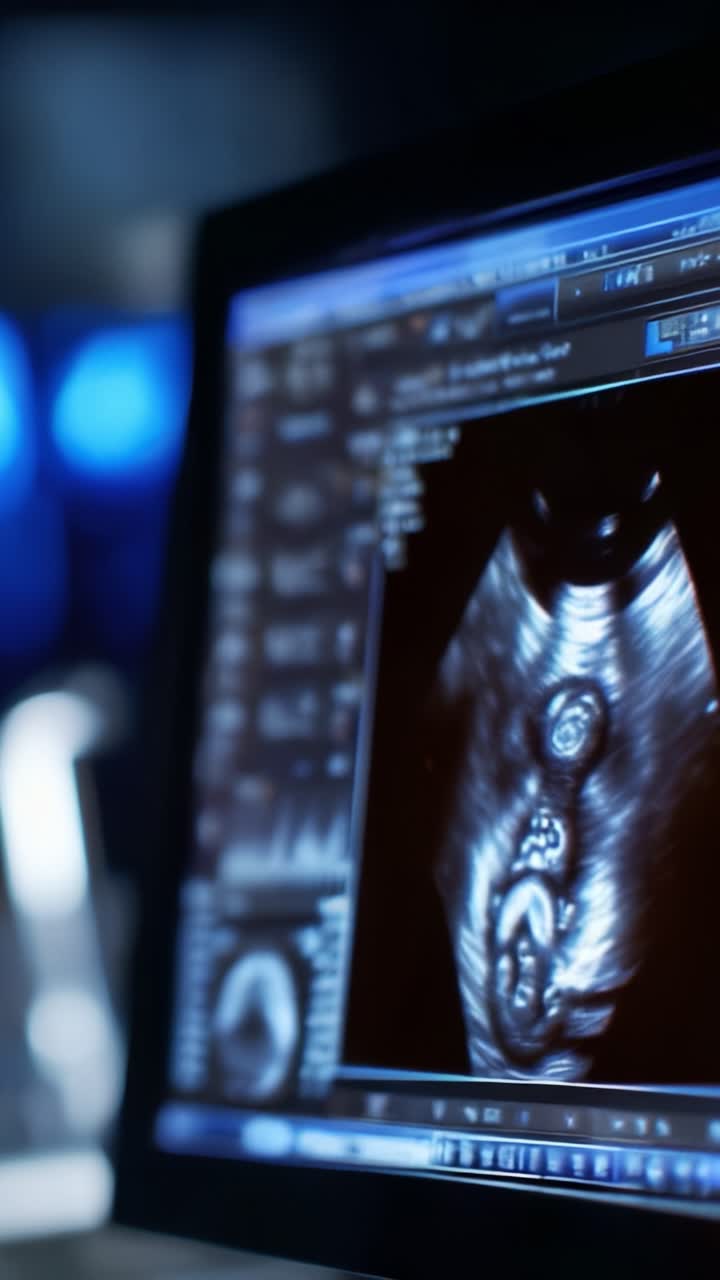 Ecografia che mostra lo sviluppo fetale con caratteristiche uniche catturate sullo schermo in un ambiente medico