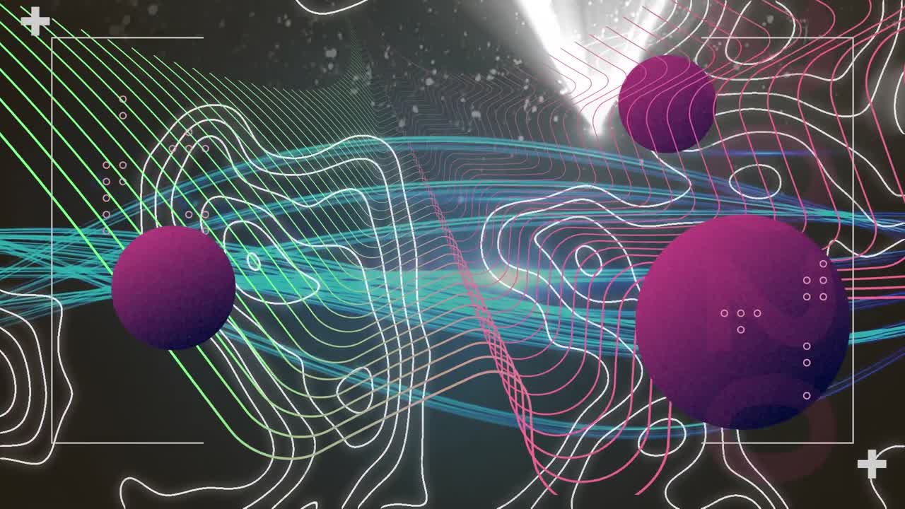 formas abstractas sobre la topografía contra rastros de luz azul y puntos de luz sobre fondo negro