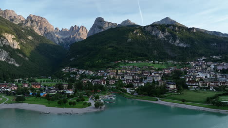 molveno establishing aerial view circling picturesque dolomites lake molveno mountain commune