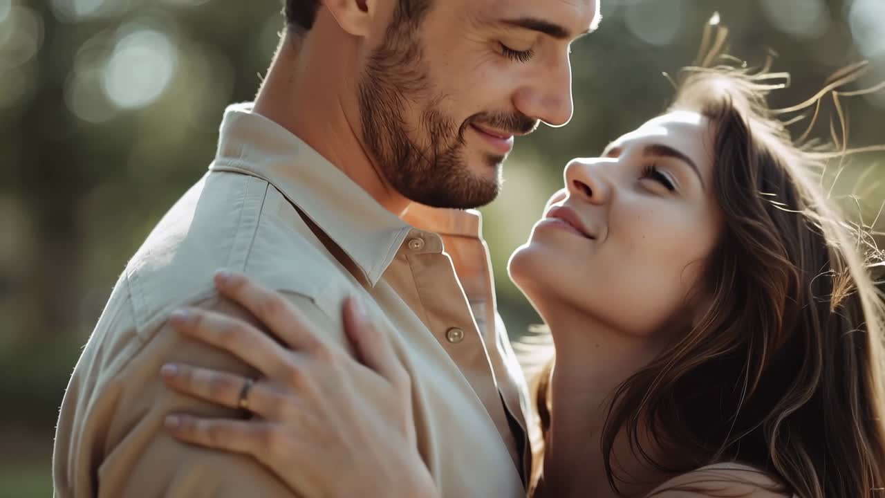 Donna con la testa appoggiata all'uomo, che sorride e alza il viso nel parco, mostrando un anello; camicia beige.