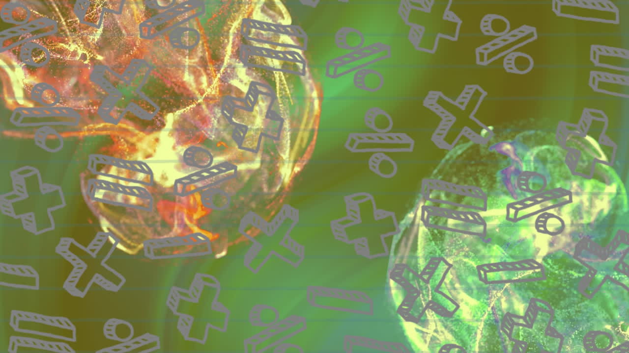 초록색 배경 위에 학교 물건과 에너지의 애니메이션