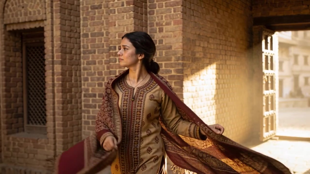 Mulher de kameez ajustando o xale, caminhando por um arco de tijolos e saindo de um pátio ensolarado.