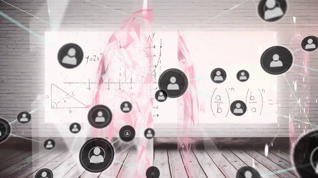 나무 바닥의 방 위에 아이콘으로 연결된 네트워크의 애니메이션