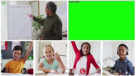 Animation-of-video-call-with-green-screen,-diverse-teacher-and-four-children-in-online-lesson