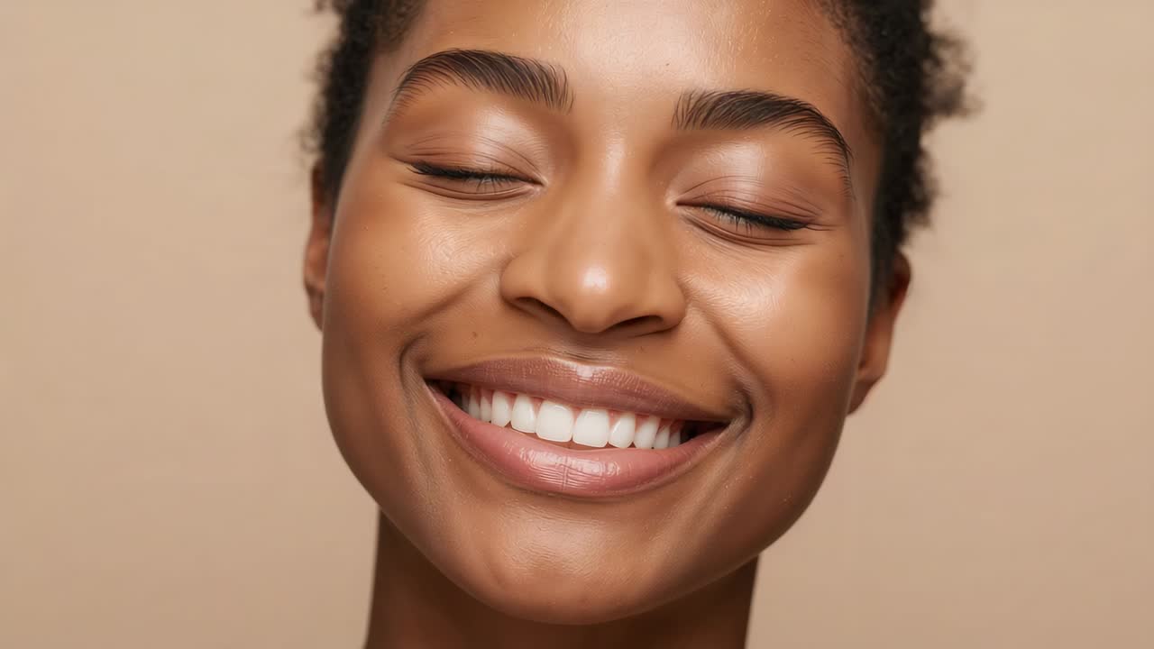 Smiling woman as camera starting to record, broadening smile, opening eyes in beige studio