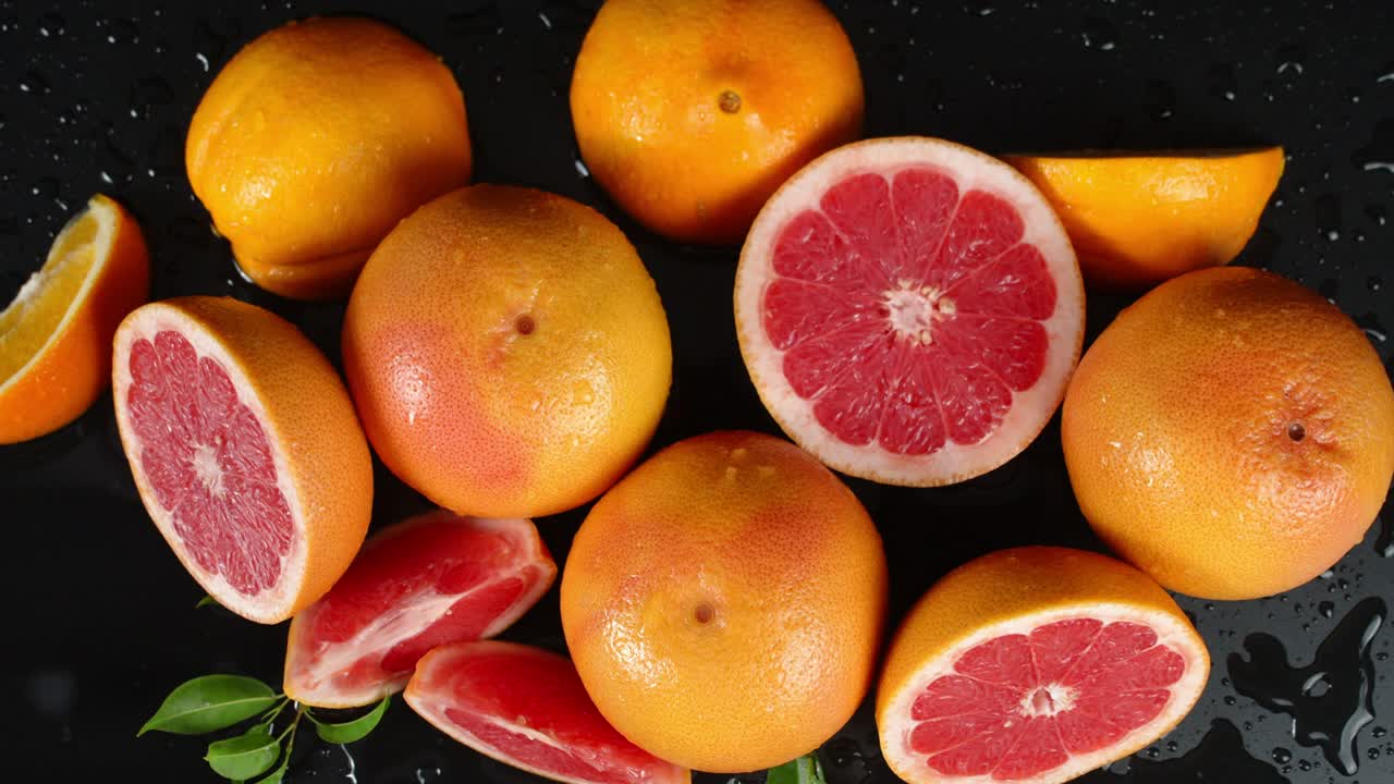 Fresh juicy grapefruits with leaves slowly rotate.