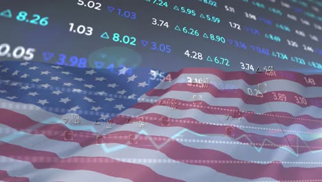 animation of financial data processing over flag of united states of america