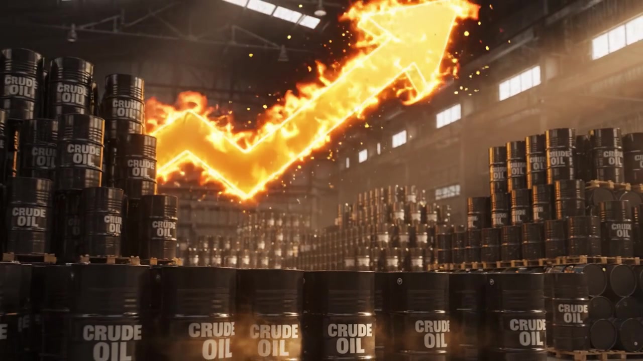 The Rising Demand and Value of Crude Oil Illustrated Through Stacked Barrels and a Flame-Engulfed Ascending Arrow in a Warehouse Environment