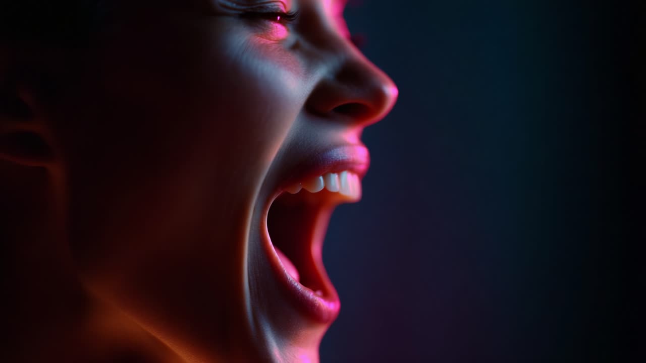 An expressive portrayal of a woman vocalizing her emotions, showcasing her dynamic facial features and the interplay of light and shadows in a vivid color palette