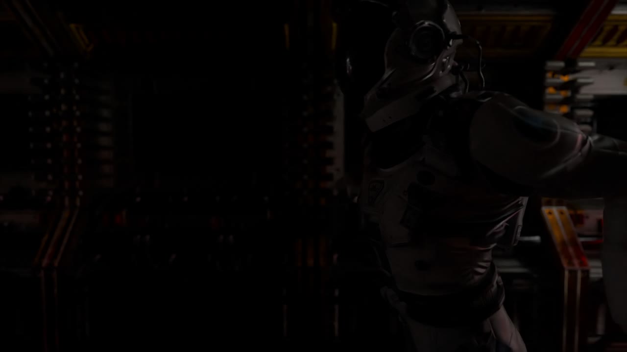 Astronaut runs through a tunnel to another compartment of the space gate. Spaceship and technology concept. 4k animation of seamless loop