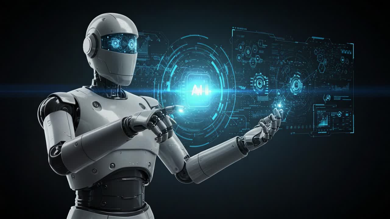 A Cutting-Edge Robot Interaction Demonstrating Artificial Intelligence with Interactive Digital Elements and Futuristic Technology Visualizations