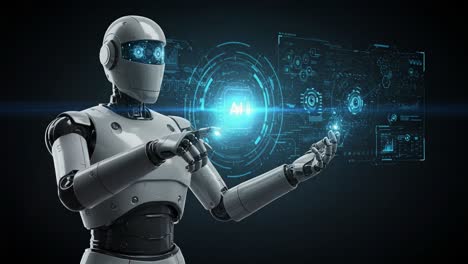 a cutting-edge robot interaction demonstrating artificial intelligence with interactive digital elements and futuristic technology visualizations