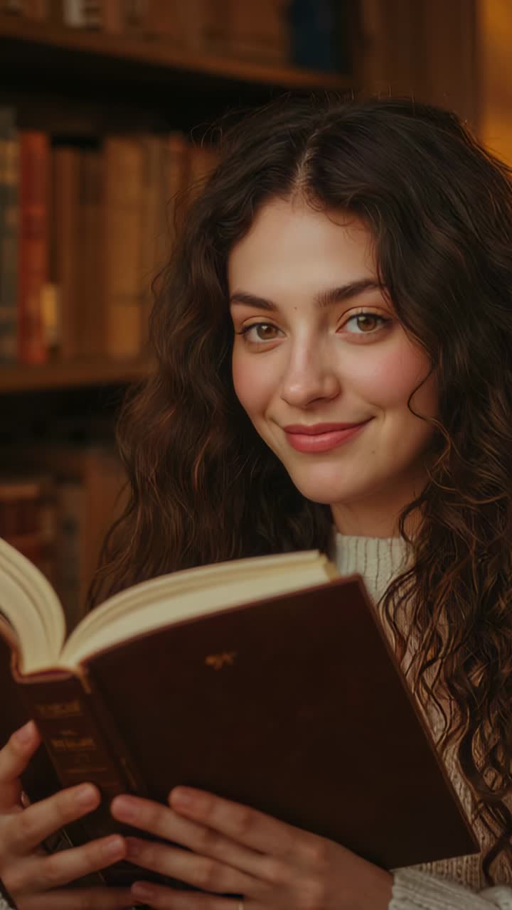 Video verticale: donna che guarda la camera, abbassa lo sguardo tenendo in mano un libro mentre studia e si ferma a riflettere