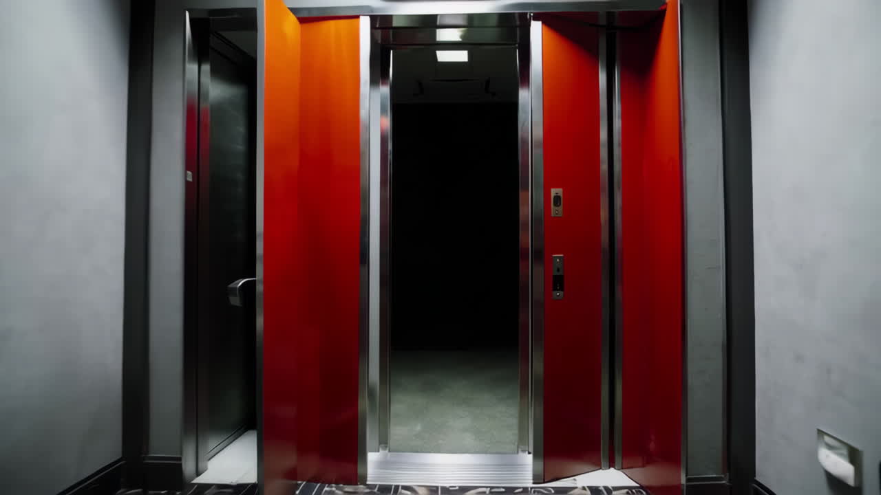 빨간색 문과 비상 출구 표지판이 있는  빈 복도