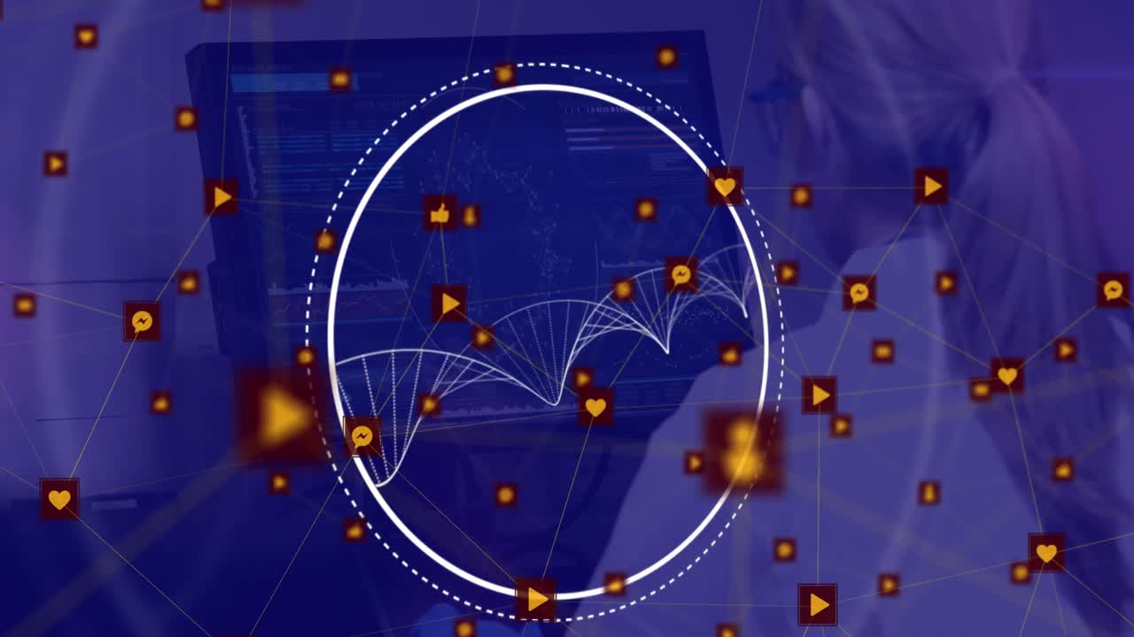 Animation of data processing with dna strand over caucasian woman using computer