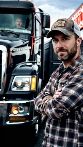 professional truck driver resting beside their rig.