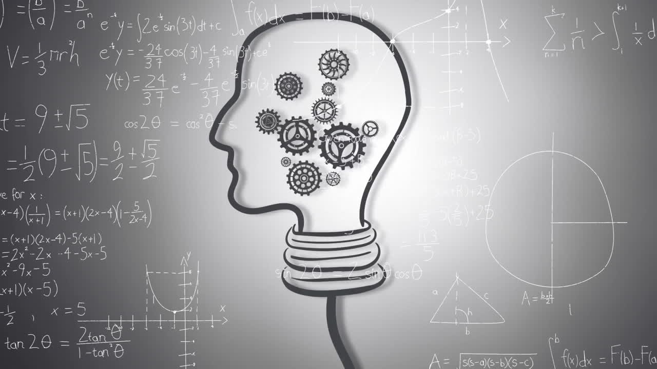 animación de la cabeza con engranajes sobre ecuaciones matemáticas