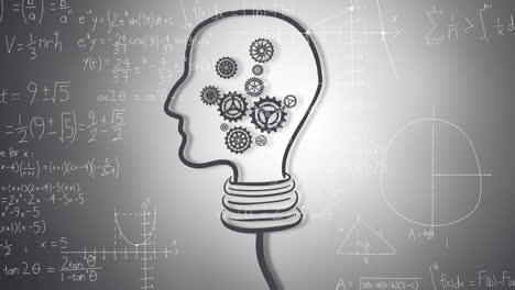 animación de la cabeza con engranajes sobre ecuaciones matemáticas