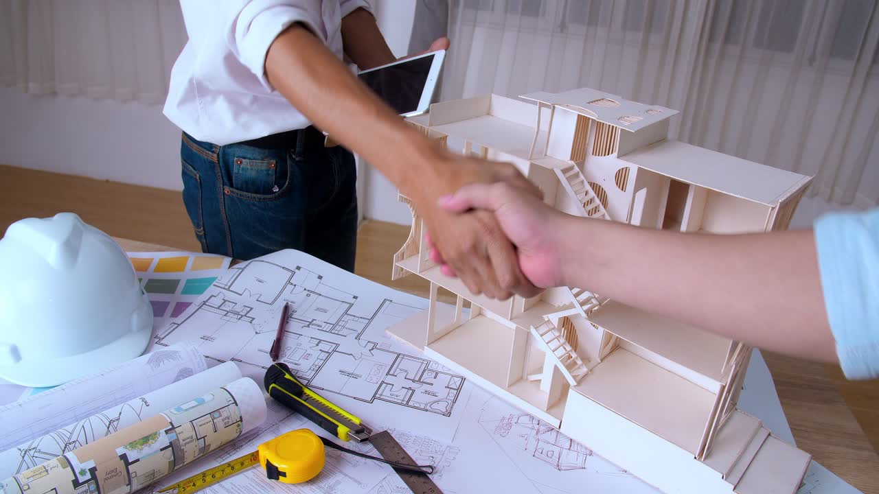 Two Engineer Or Architect Meeting For Project, Handshake After Consultation And Conference New Project Plan