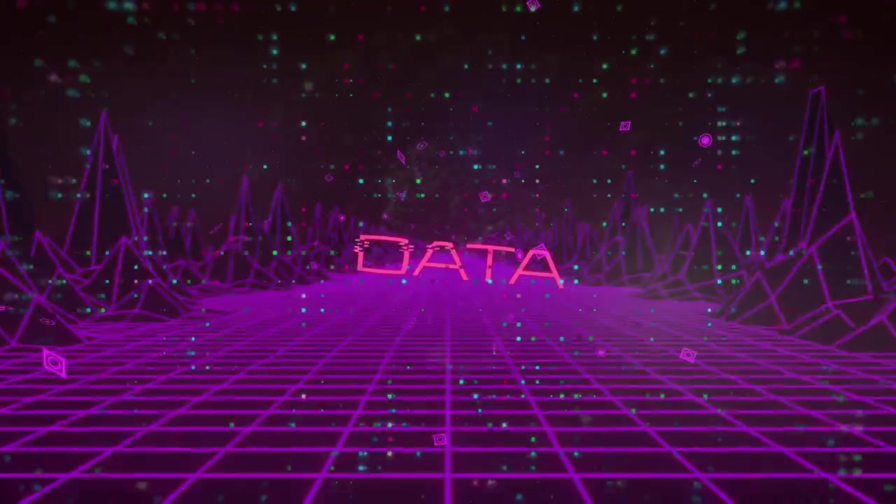 Opening magenta grid stretching to horizon, with pulsing node network and glowing pink DATA text