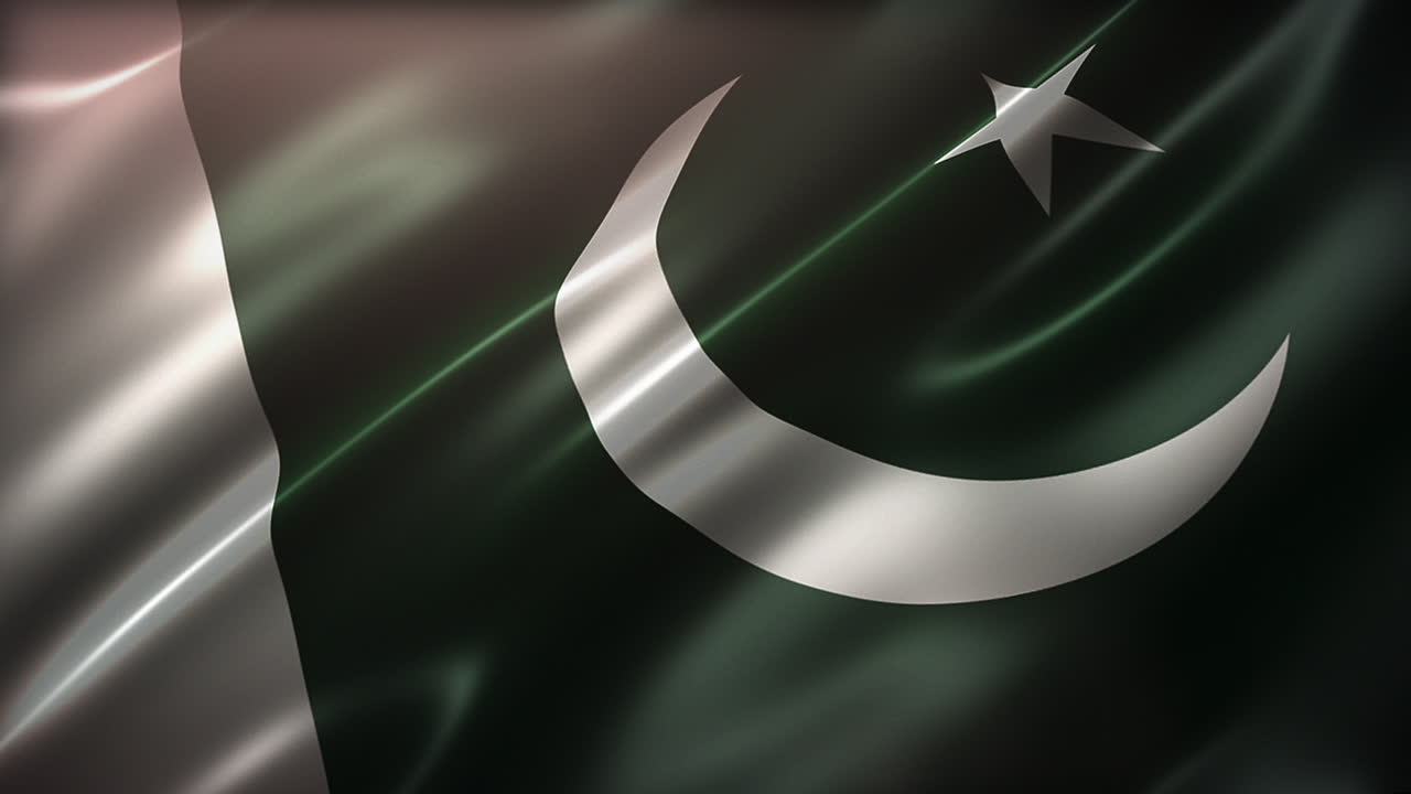 la bandera nacional de pakistán, cuadro completo, vista de alto ángulo, ondeando en el viento, realista con un aspecto y sensación cinematográfica, y elegante textura sedosa, flujo dinámico, animación cg sin problemas de bucle