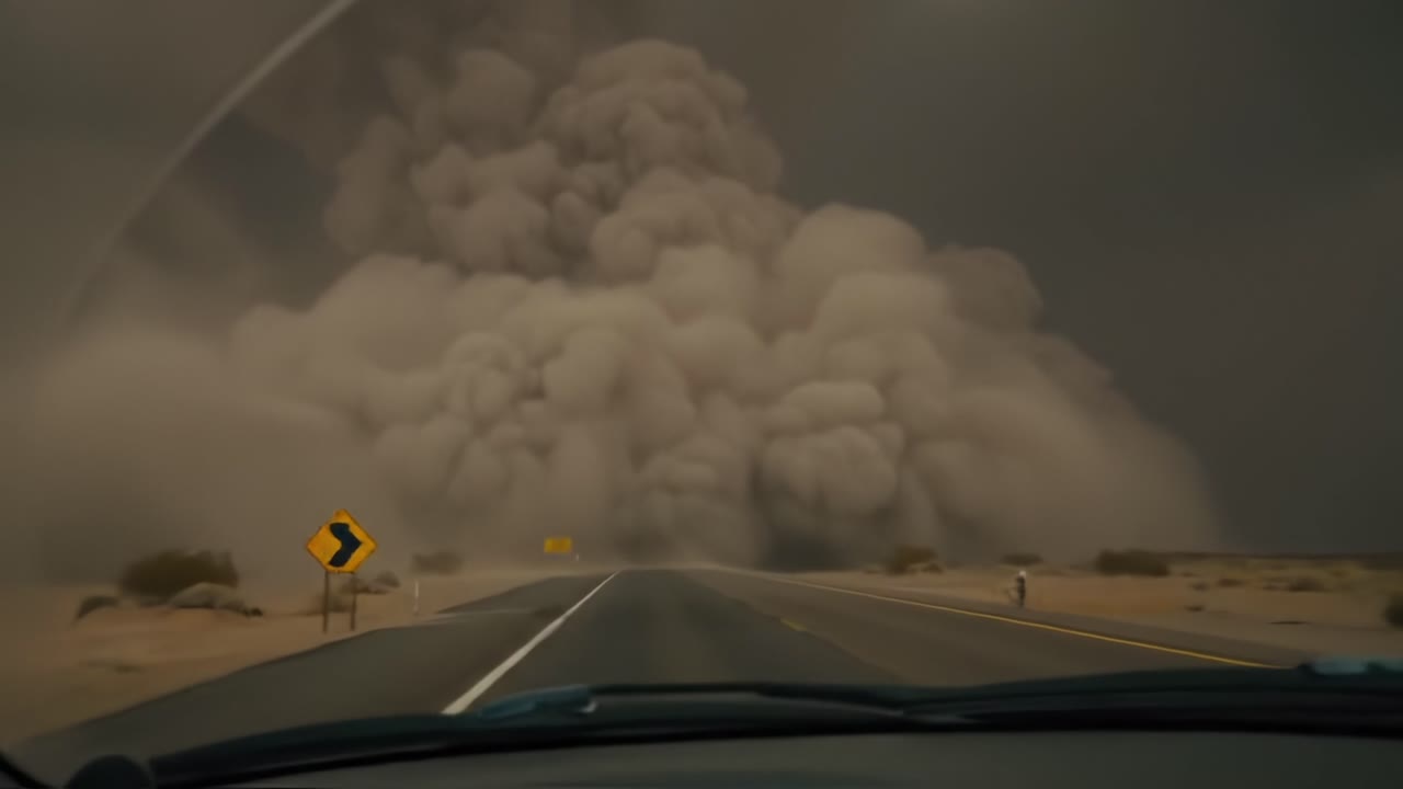 Dramatic Transformation: A Journey Through a Dust Storm with Ominous Clouds Looming Ahead on a Deserted Highway