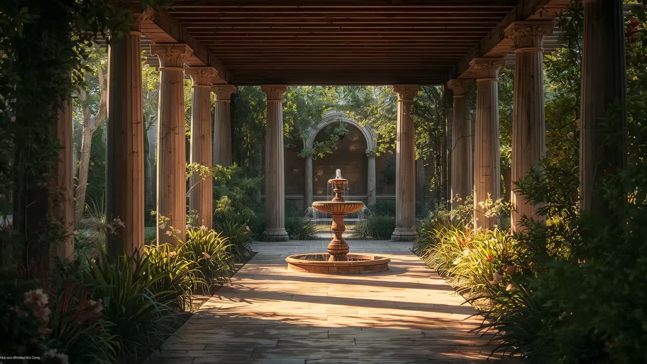 Flowing central tiered fountain sending spray in garden arcade under pergola, sunlight shifting