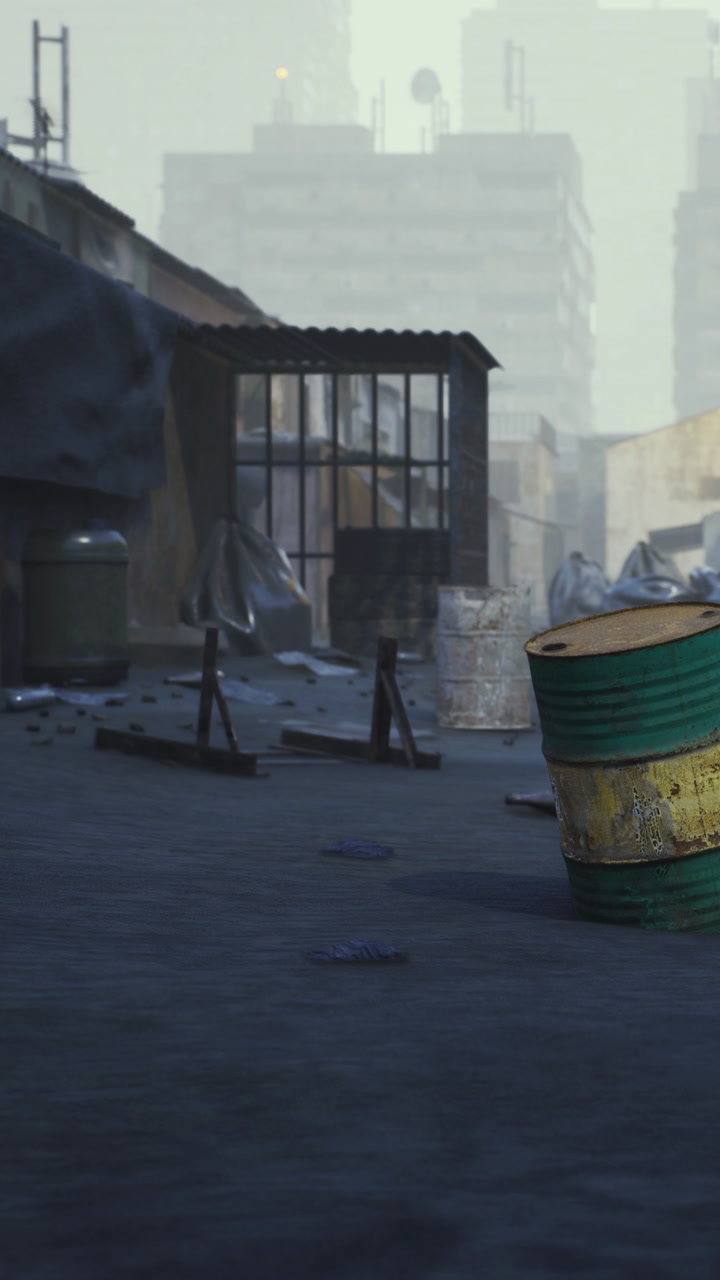 Old green barrel rests in a quiet alley of a misty industrial zone